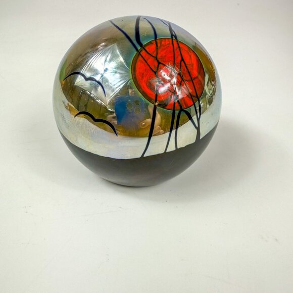 Correia Studios Red Sun & Birds Iridescent Art Glass Paperweight - Picture 2 of 7